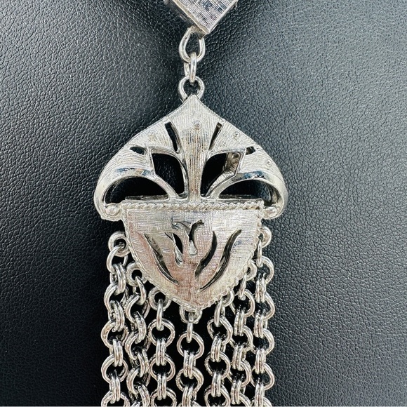 Vintage Necklace with Chain Tassel Y Texture Link Estate Jewelry Statement 1960s - Picture 5 of 14